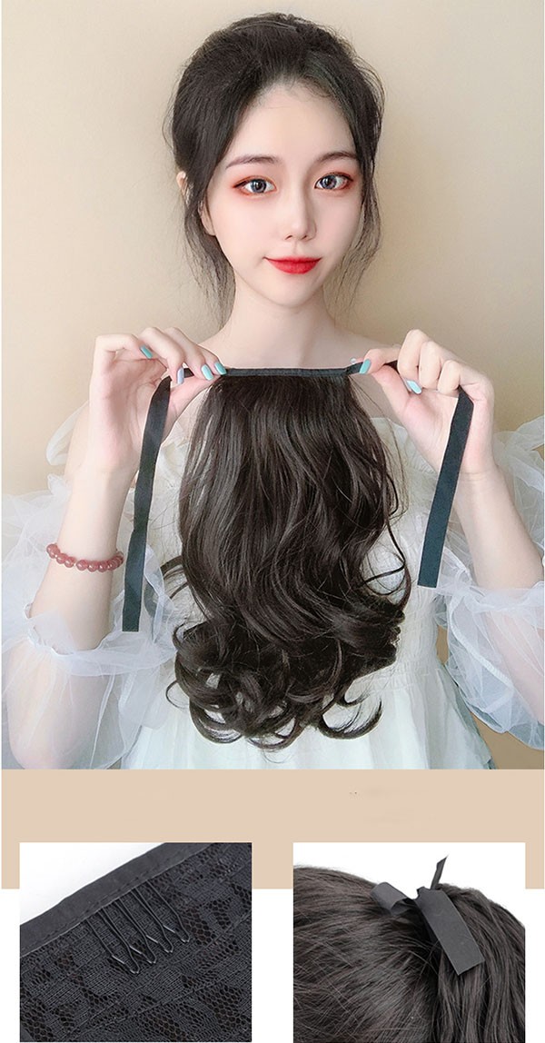 マジックテープ式。結び目に巻き付けてヘアピンで固定するだけ